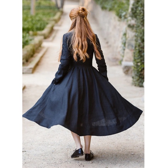 SON DE FLOR Almost NEW Classic Twirl Dress 100% Linen Long Sleeve XL Black - Picture 2 of 5